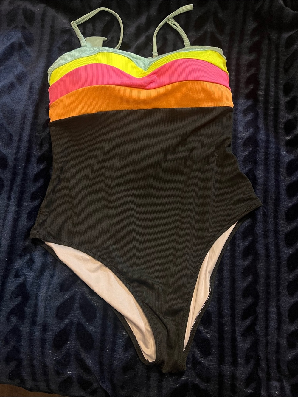 Popvil Womes Black One-Piece Swimsuit with Neon Stripe Accents